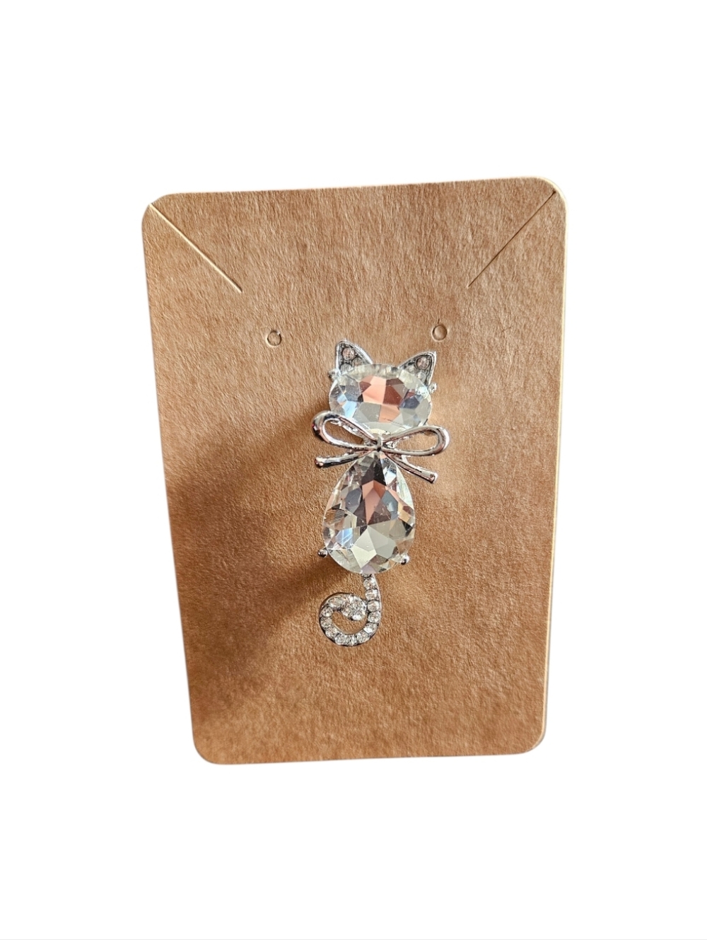 Clear Crystal Cat Brooch Pin with Silver Bow